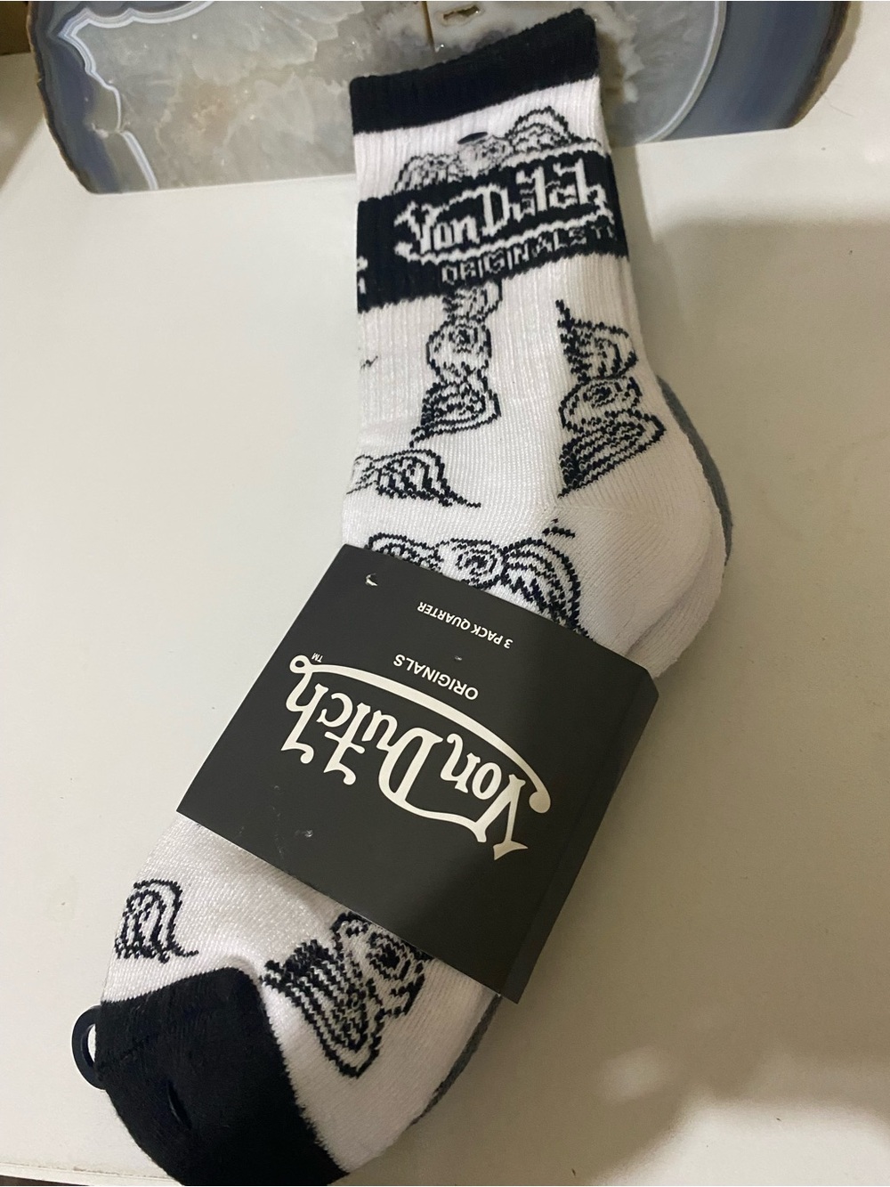Von Dutch White and Black Logo Crew Socks - Wing Motif